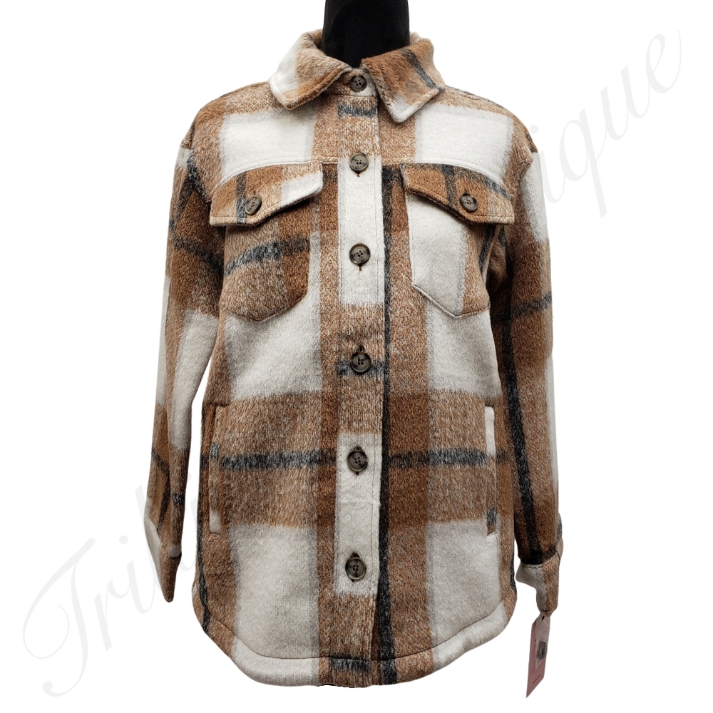 AVEC LES FILLES Women's Plaid Shacket (Shirt Jacket) Cognac NEW Fall Winter Cozy - Picture 3 of 6